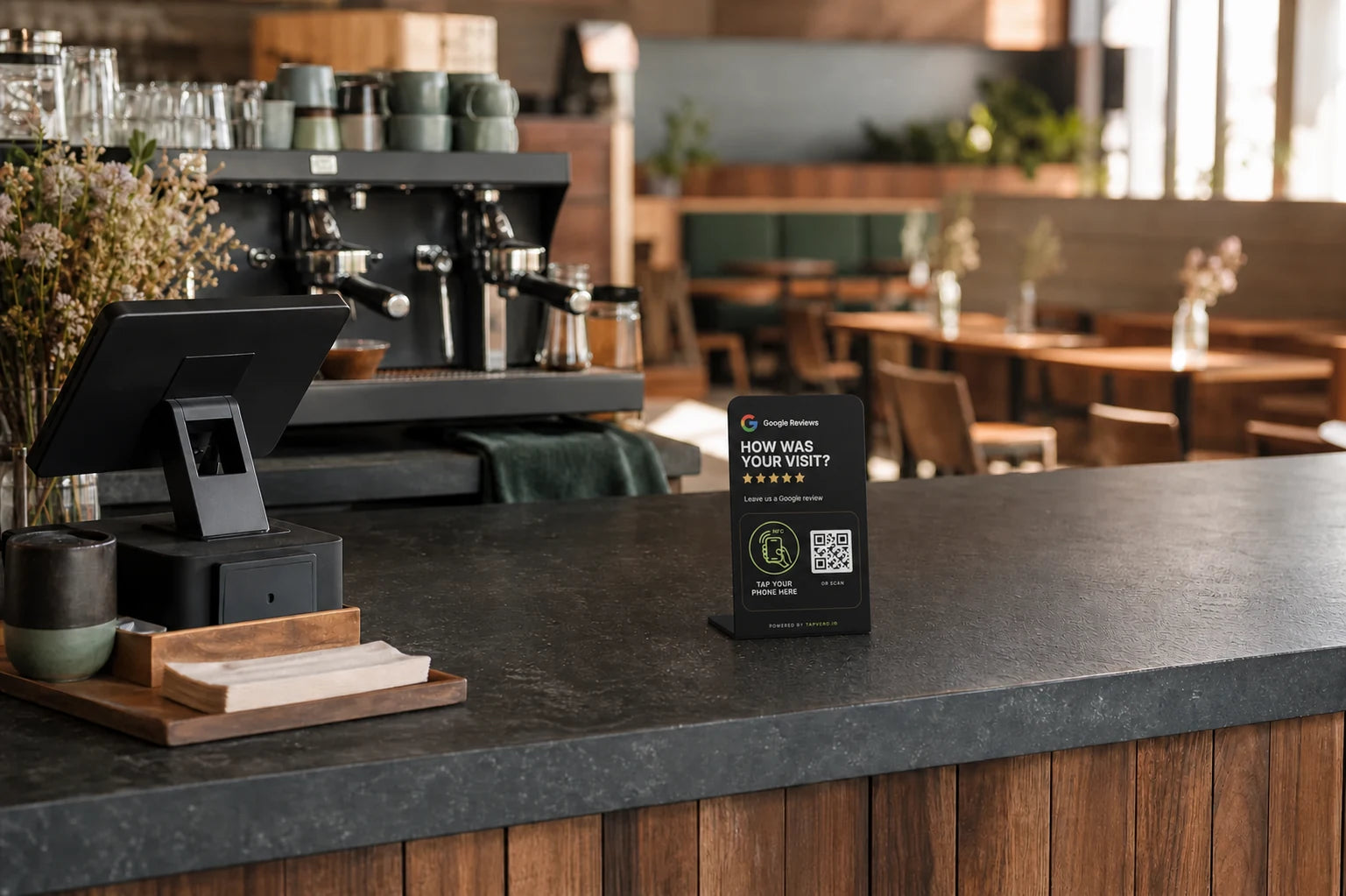 Tapvero Stand positioned beside a cafe checkout