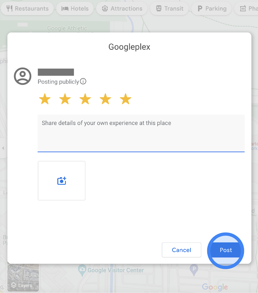 Official Google Maps Help example of the Write a review dialog